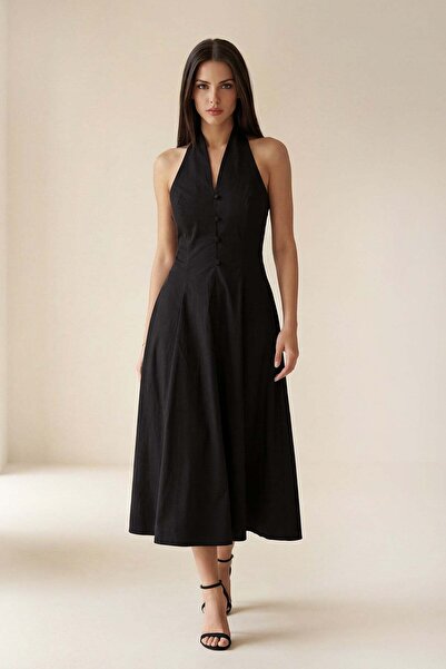 Setre فستان ميدي أسود مصنوع من القطن بنسبة 100%، بتصميم غير متماثل وتفاصيل عل...