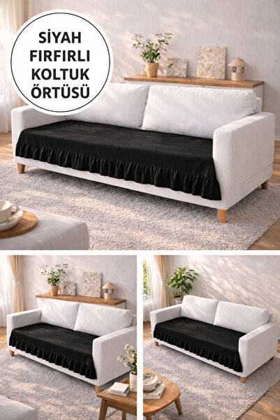 ÇIQRIK HOME Pamuk Siyah Fırfırlı Koltuk Örtüsü Kaymaz, Yıkanabilir, Modern Şı...