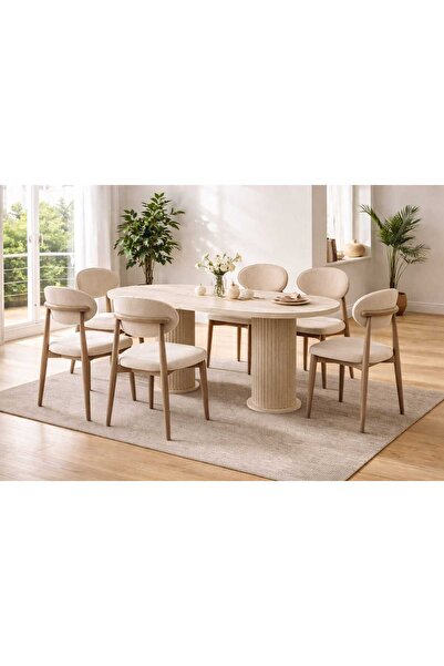 RİGATO ferramente Vivaldi Pearl 6 Kişilik Yemek Odası Takımı Oval Masa Traver...