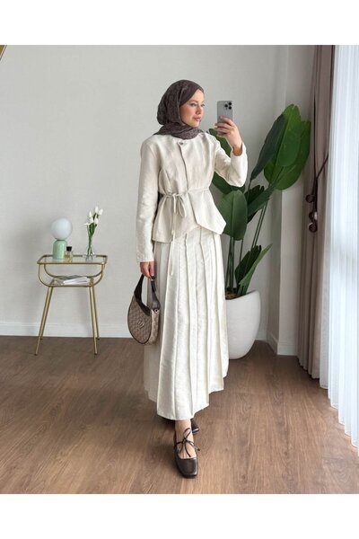 RFK Butik Kadın Zara Kupra Seyyar Kemerli Çımalı Etekli Takım - Bej