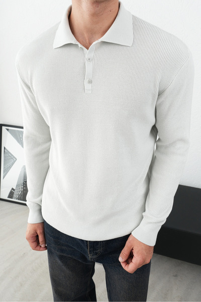 İLKCET MODA Πουλόβερ με γκρι ριγέ ριγέ με τρία κουμπιά και γιακά