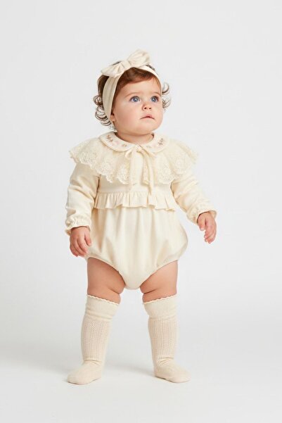 Minytrendy Kız Bebek Vintage Konsept Yenidoğan Tulum Romper Bandanalı Hediyel...