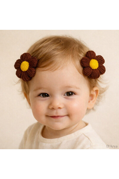 Darya Dd509 Hand Knitted Baby Brown Yellow Floral Hair Clip (Set of 2) for Girls