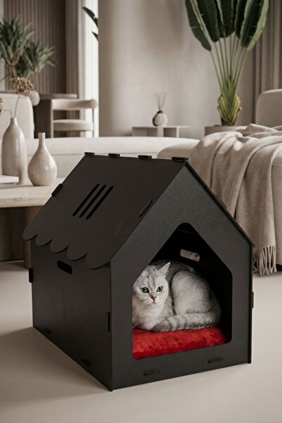 StarLightning Ahşap Büyük Kedi Yatağı Premium Kalite Siyah Kedi Evi 50x35 Cm ...