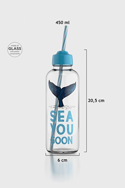 Renga Felix Sea You Soon Patterned 450 ml Glass Bottle with Straw 182055 Turq...