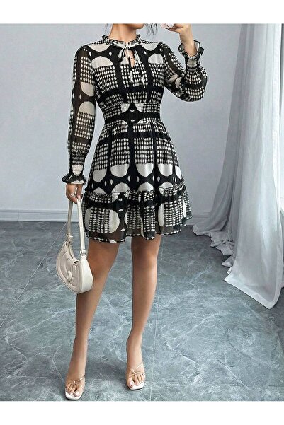mass fashion Γυναικείο κοντό φόρεμα από σιφόν με λεπτομέρεια στο λαιμό