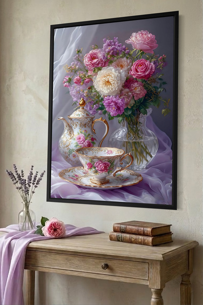 ARTAN GALLERY İtalyan Kadife Çiçekli Çay Seti Tablosu Yağlı Boya Görünümlü Ah...