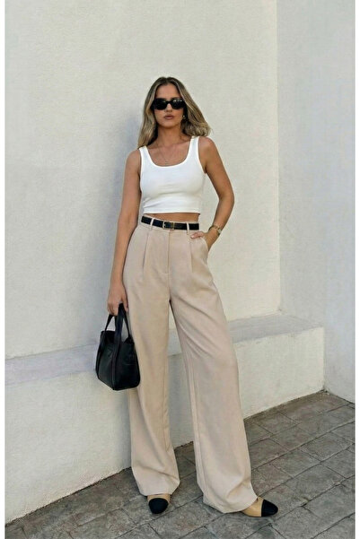 leymoda Kadın Pileli Pantolon Yüksek Bel Palazzo Pantolon
