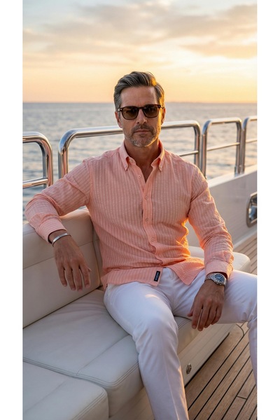 MEGALDİ Erkek Slim Fit Yavruağzı Gofre Kumaş Uzun Kollu Gömlek