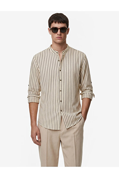 Koton Long Sleeve Regular Fit Cotton Notched Collar Striped Shirt
