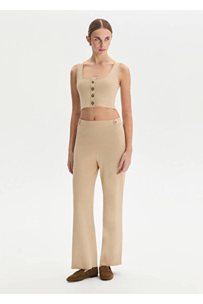 Knitss Apolet Detaylı Bej Triko Pantolon