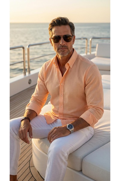 MEGALDİ Erkek Slim Fit Portakal Gofre Kumaş Uzun Kollu Gömlek