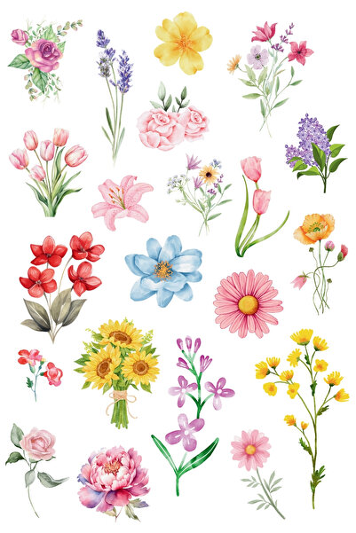 Bimotif Karışık 21 çeşit çiçek sticker seti (1 sayfa)