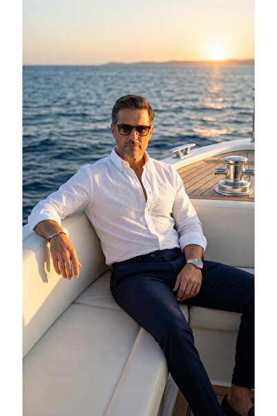 MEGALDİ Erkek Slim Fit Beyaz Gofre Kumaş Uzun Kollu Gömlek