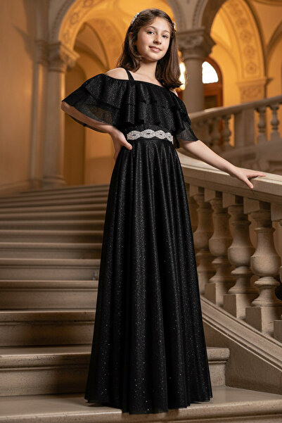 DENİMİNİ Simli Tül Astarlı Çan Etek Abiye Mezuniyet Elbisesi Siyah DNM314