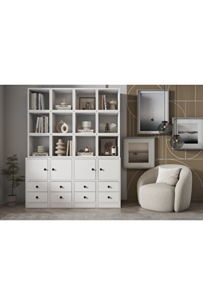 Nettrends Düşer Kapaklı Çekmeceli Kitaplık 130 Cm Beyaz Ktp-1306-ç
