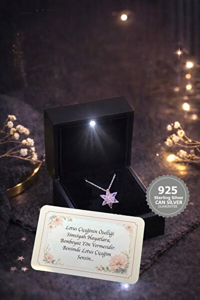 CAN SİLVER 925 Ayar Pembe Zirkon Taşlı Lotus Çiçeği Gümüş Kadın Kolye-Işıklı Kutuda Kolye