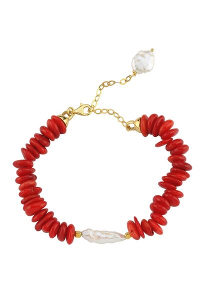 LİNYA JEWELLERY Amorf Barok İncili Kırmızı Mercan Bileklik