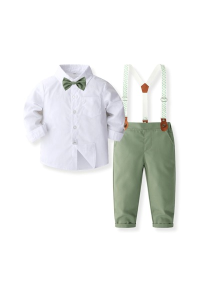 Kidohug Costum elegant baieti, Camasa cu maneca lunga, Pantaloni lungi cu bretele si Papion