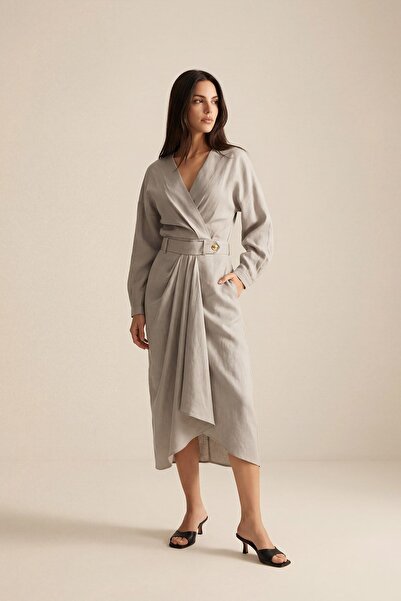 Setre Krem Belden Düğme Ve Pile Detaylı Midi Boy Etek