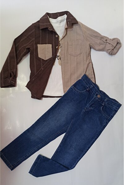 Bontino Stylish Boy's Set with a Shirt, Jeans, and a T-Shirt Underneath.
