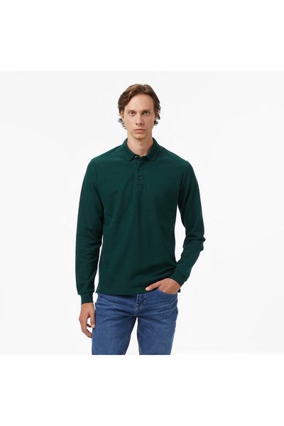 Nautica Tricou verde pentru bărbați, cu mânecă lungă, cu guler polo, tricou