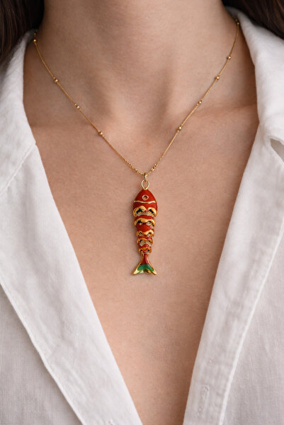 Modex قلادة من الفولاذ على شكل عظمة السمكة مطلية بالمينا (45 سم)