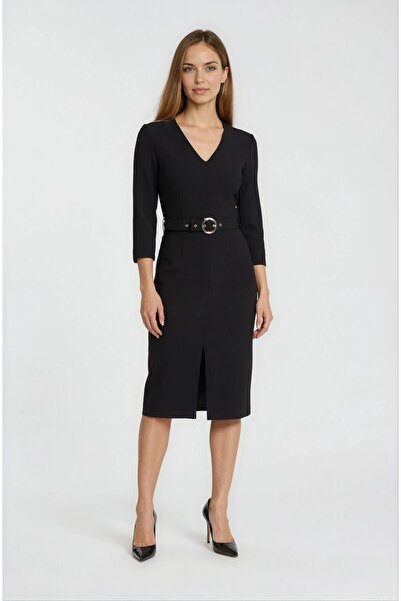 Spazio Tigerman V Yaka Fermuarlı Önde Yırtmaçlı Kemerli Elbise SİYAH