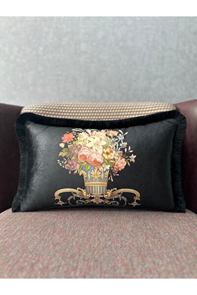 Fabricland Черен флорален копринен кадифе - правоъгълна калъфка с пискюли (дв...
