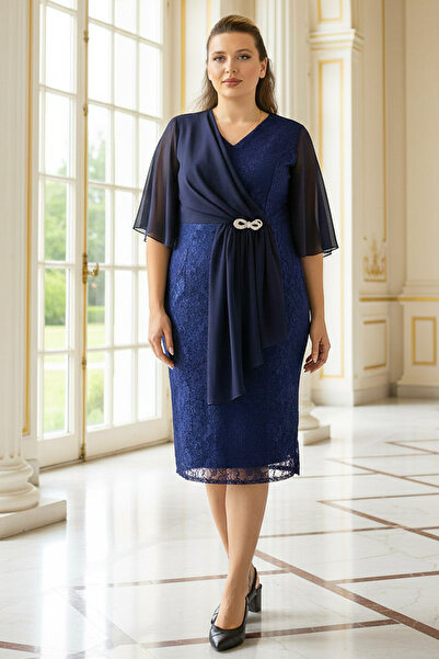 DENİMİNİ Taş Aksesuar Detaylı Şifon Dantel Etekli Büyük Beden Abiye Elbise DN...