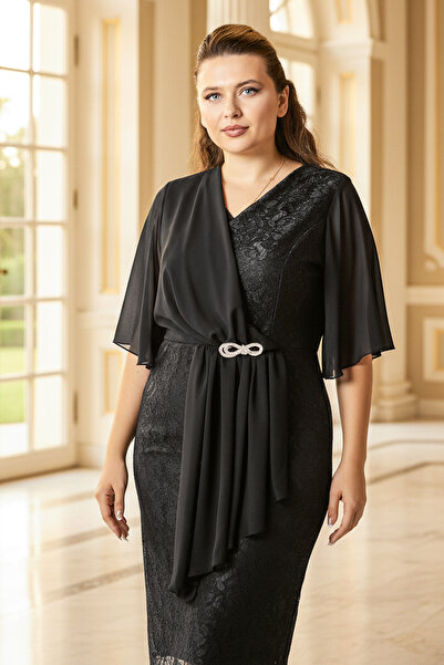 DENİMİNİ Taş Aksesuar Detaylı Şifon Dantel Etekli Büyük Beden Abiye Elbise DN...