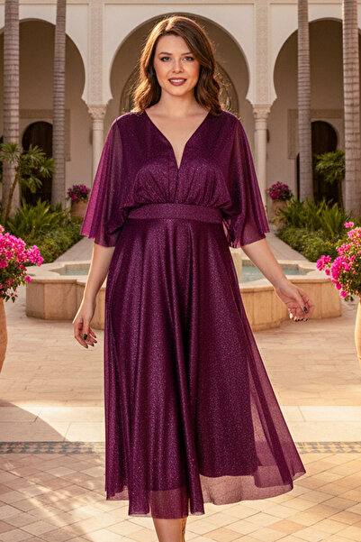 DENİMİNİ Simli Tül Beli Likralı Astarlı Büyük Beden Abiye Elbise DNM902