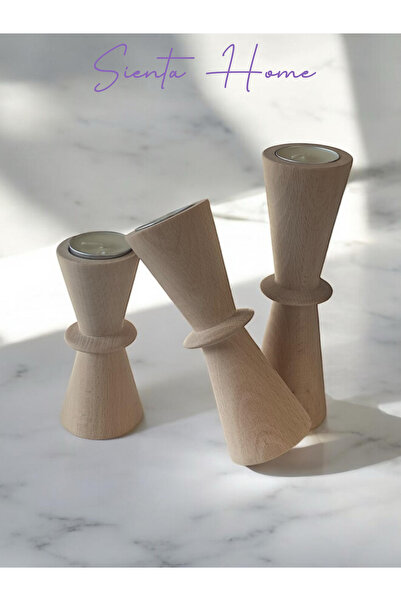 Sienta Home Dekoratif Ahşap Şamdan Mumluk Kum Saati 3’lü Boyasız Doğal Gürgen...