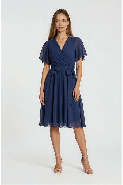 Spazio Leonello Kruvaze Şifon Elbise LACİVERT