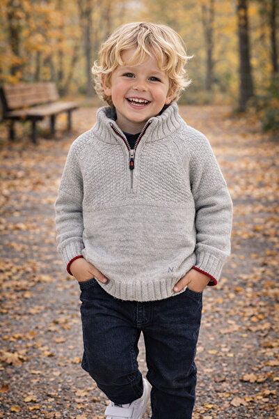 NANİCA سترة تريكو للأولاد باللون الرمادي بسحاب نصفي من عمر 6 إلى 16 سنة