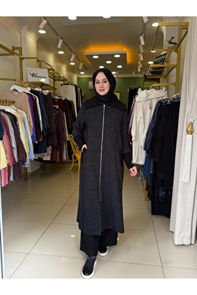 Nuss 6047 Şal Yaka Kendinden Dokulu Ribana Detaylı Kap Siyah