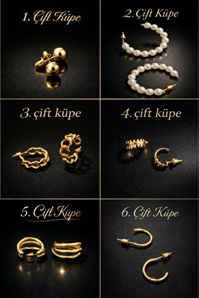 POEM JEWELLERY 18 Ayar Altın Kaplama 6 Çift ( 12 Adet ) Küpe Seti İnci Halka ...