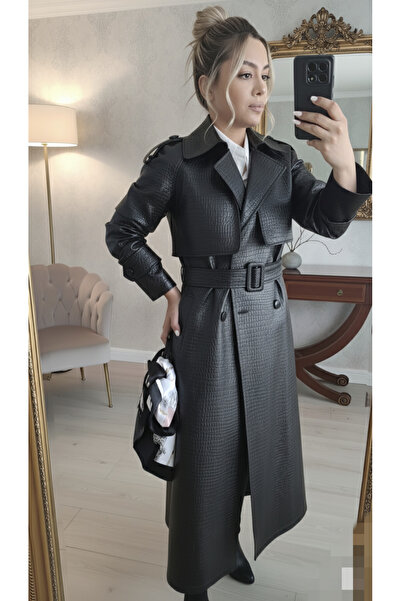 MADAMMERY Deri Dokulu Kruvaze Kadın Tasarım Trençkot