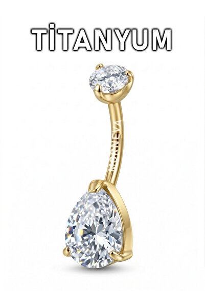 MORNEVA Titanyum Kristal Damla Taşlı Altın Renk Minimal Göbek Belly Piercingi