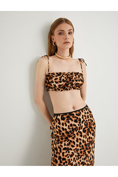 Koton Leopard Patterned Bustier Thin Strap Crop Viscose Fabric