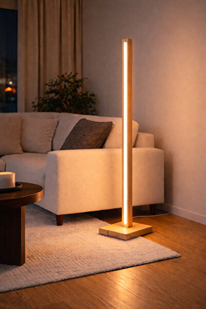 SGT HOME Minimal LED Köşe Lambası Ahşap Gövdeli Modern Dekoratif Zemin Aydınl...