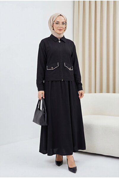 HİJABAYA Σετ λινό με μπουφάν με φερμουάρ και ελαστική φούστα στη μέση