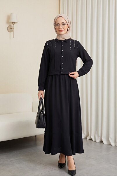 HİJABAYA Σετ λινό με μπουφάν με κουμπιά και φούστα με πέτρες στους ώμους