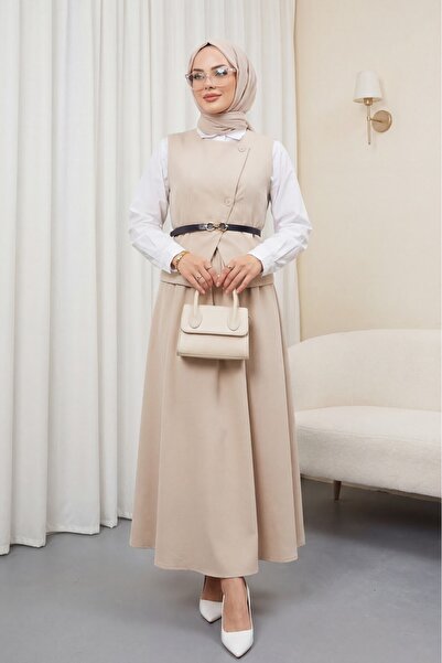 HİJABAYA Σετ φούστας με σταυρωτά κουμπιά Ζώνη τεμαχίων Γιλέκο