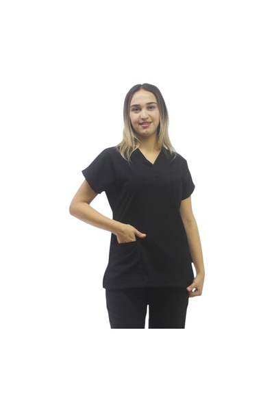 onora Unisex Soft Likra Siyah Hemşire ve Doktor Üniforması ,Tek Üst Scrubs Ün...