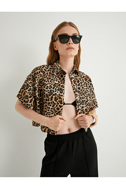 Koton Crop Leopard Shirt Oversize Kurzarm mit Taschen