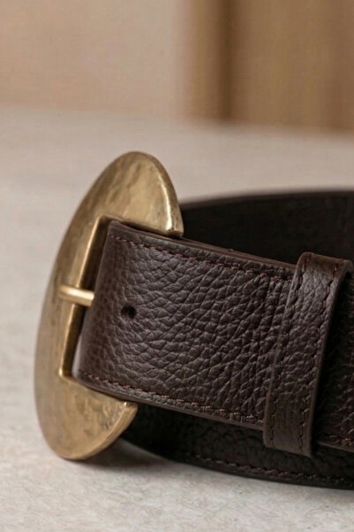 Dilay Gökoğlu Butik Deri Eskitme Gold Tokalı Kahverengi Kemer