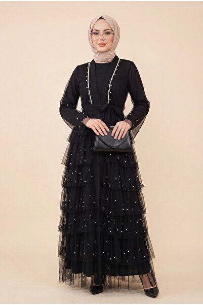 HİJABAYA Eteği Katlı Serpme Incili Tül Abaya Takım
