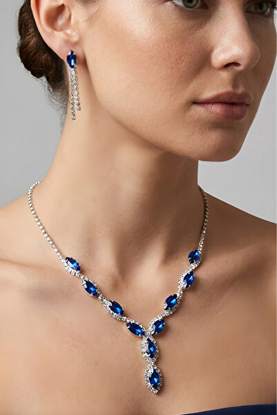 Valmont Accessories Mavi Mekik Taşlı Su Yolu Kolye Küpe Takı Seti - Düğün, Kı...