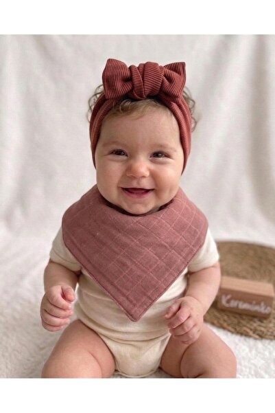 Kereminko Bebek Baby Girl Tile Rib Knit Headband and Muslin Scarf Set